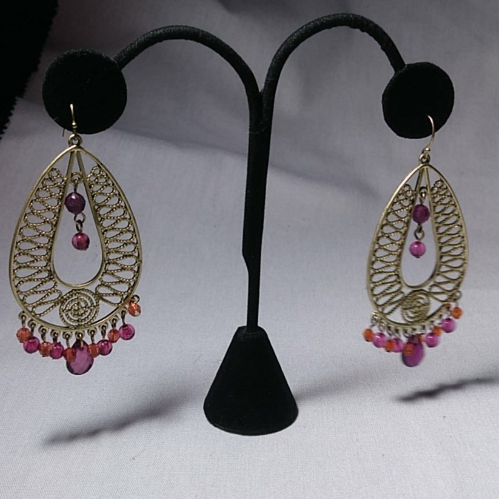 Filigree Oval Shape Earrings With Purple/Pink/Orange Stones